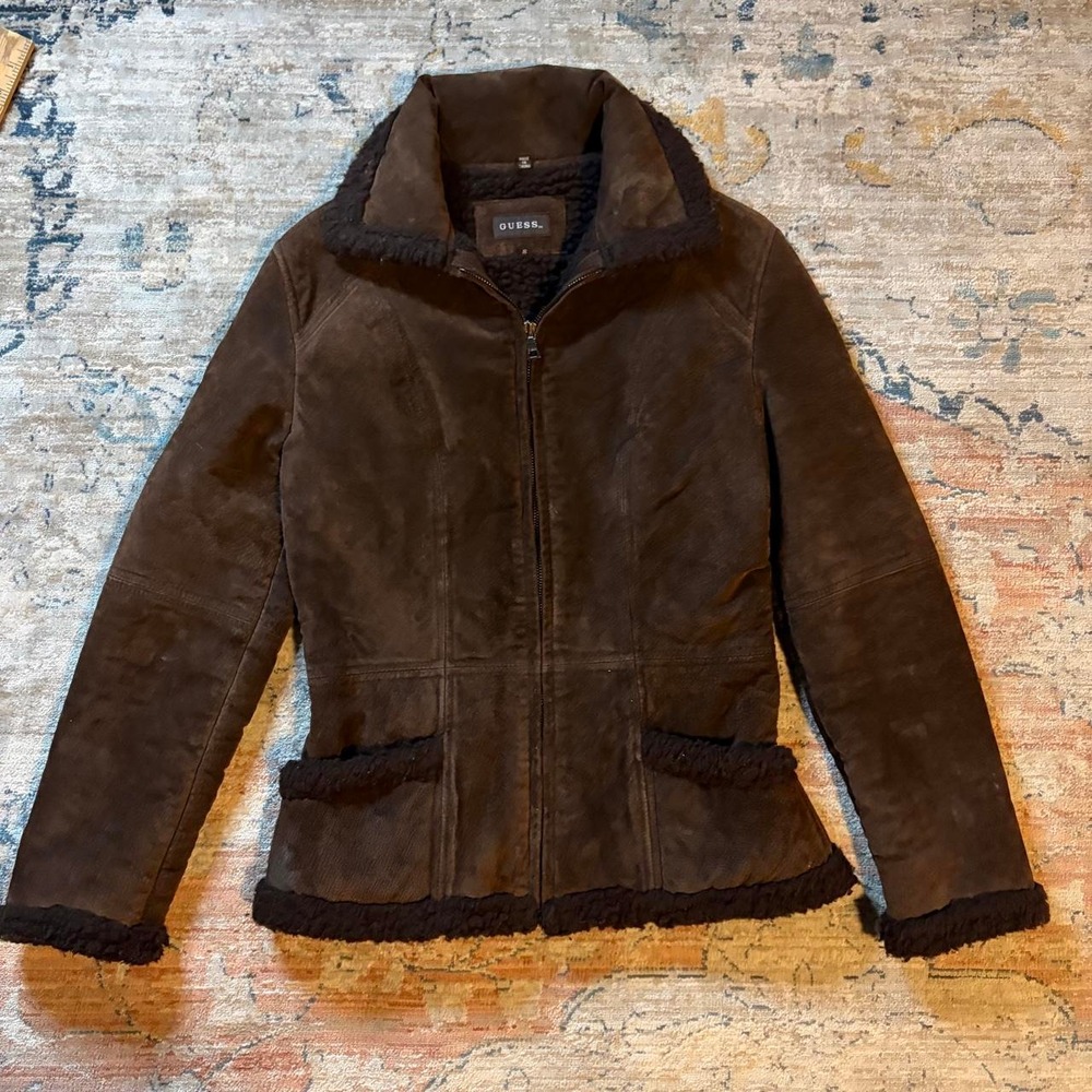 Guess Womens Brown Suede Faux Fur Lined Zip Up Jacket Y2K Size Small